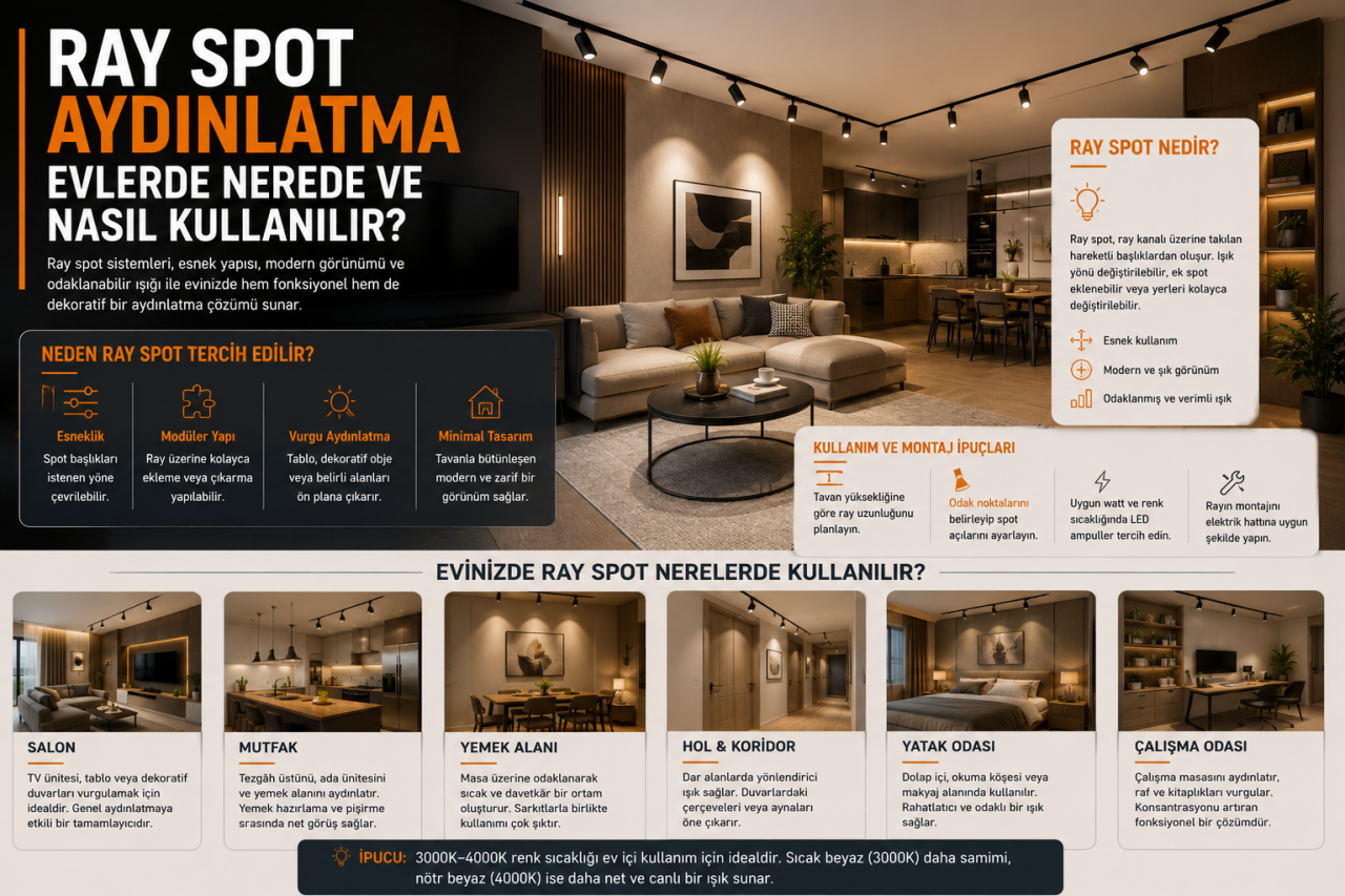 Ray Spot Aydınlatma Evlerde Hangi Alanlarda ve Nasıl Kullanılır