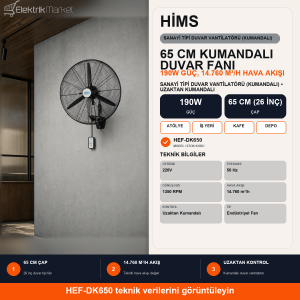 Hims 65cm (26inç) Sanayi Tipi Duvar Tipi Kumandalı Vantilatör 190w HEF-DK650