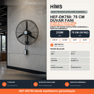 Hims 75cm (30inç) Sanayi Tipi Duvar Tipi Kumandalı Vantilatör 210w HEF-DK750