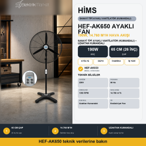 Hims 65cm (26inç) Sanayi Tipi Ayaklı Tip Kumandalı Vantilatör 190w HEF-AK650