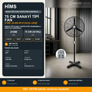Hims 75cm (30inç) Sanayi Tipi Ayaklı Tip Kumandalı Vantilatör 210w HEF-AK750
