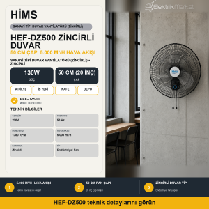 Hims 50cm (20inç) Sanayi Tipi Duvar Tip Zincirli Vantilatör 130w HEF-DZ500