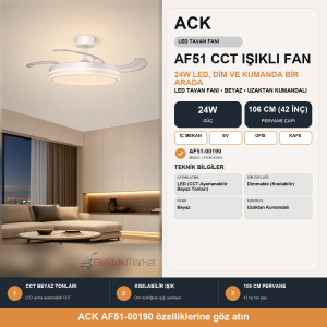 ACK LED Tavan Fanı Beyaz CCT 24W 42ınc(106cm) Dim Edilebilir Uzaktan Kumandalı AF51-00190