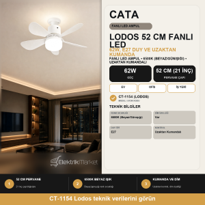 CATA Lodos Fan 62W Led Ampul Dimmerli 52cm (21inç) CT-1154
