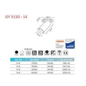 14 W COB Ledli Mağaza Armatürleri Goya GY 3150-14