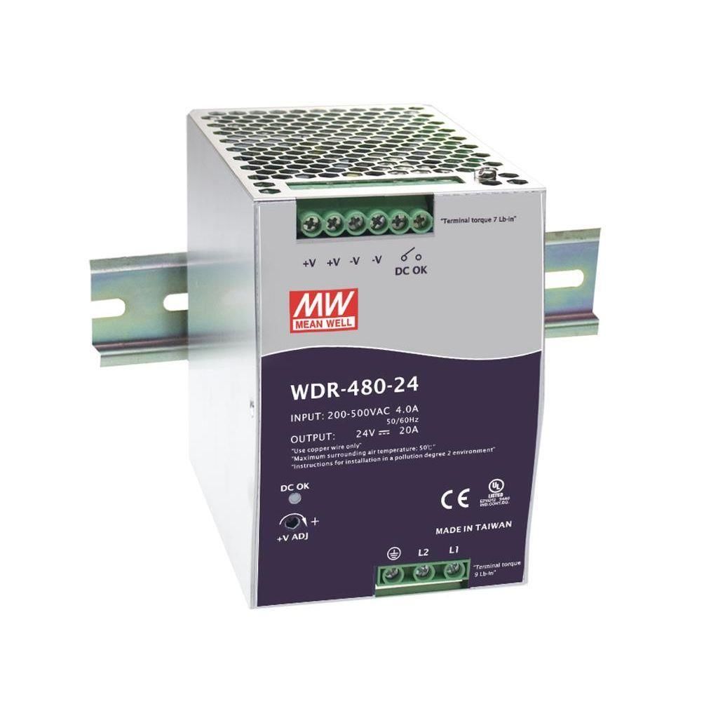 MEANWELL- WDR-480-24 24Vdc 20.0A Inp:180~550AC,254~780DC  Ray Montaj