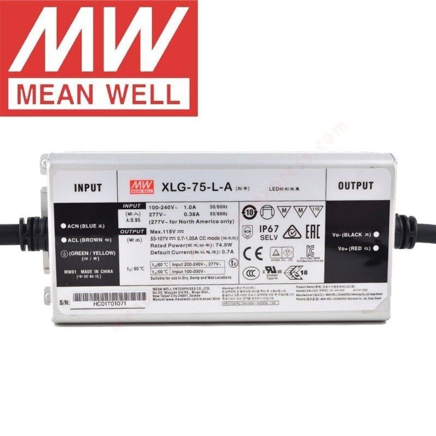 MEANWELL- XLG-075-L-A 53~107Vdc,700~1050mA Constant Power,+ADJ.  Led Sürücü - Güç kaynağı