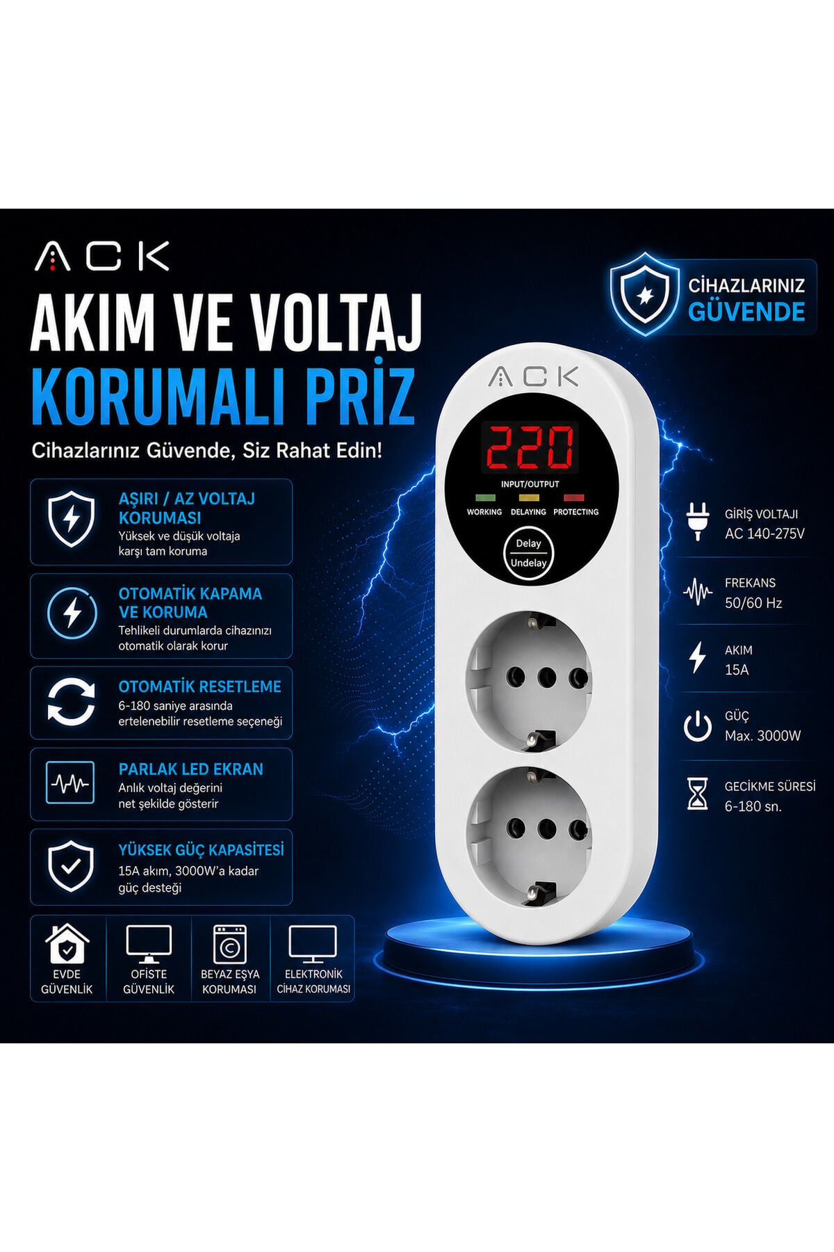 ACK Voltaj Korumalı İkili Priz Pvpb-04-15a 140-270v AY27-00020