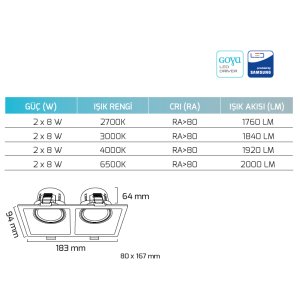 Goya 2x8W Triac Dim Sıva Altı Cob Led Armatür  GY 1737-8