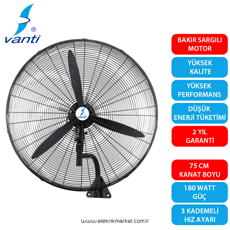 Vanti Sanayi Tipi Kumandalı Duvar Vantilatör 75cm- KCF292KD