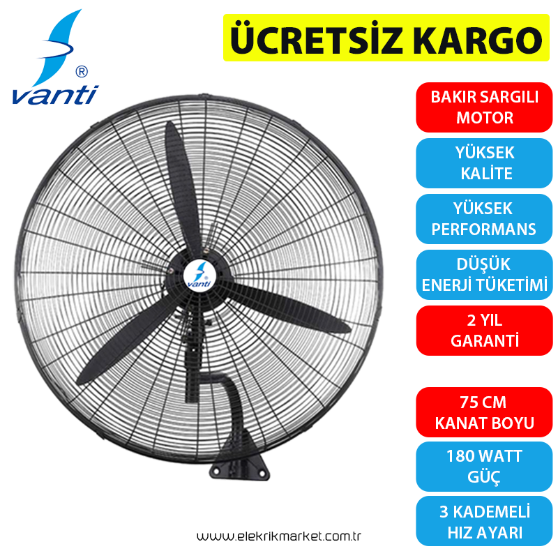 Vanti Sanayi Tipi Kumandalı Duvar Vantilatör 75cm- KCF292KD