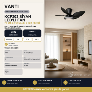 Vanti 30 Watt 71cm  (28inç) Ledli Dekoratif Vantilatör Siyah KCF303