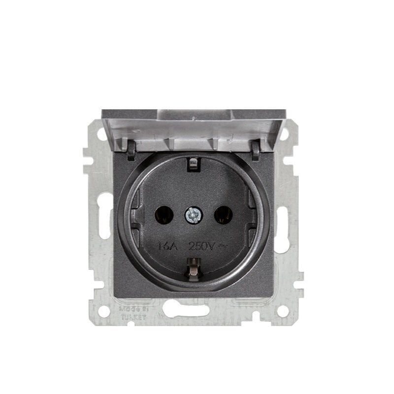 Mutlusan Mek+Tuş Kapaklı Topraklı Priz Rita Metalik Füme- 2200 610 0295