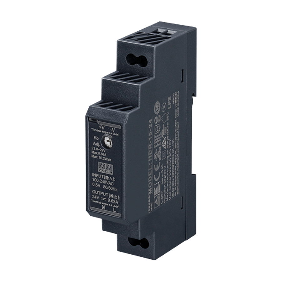 MEANWELL- HDR-015-24 24Vdc 0.63Amp DIN Rail StepShape