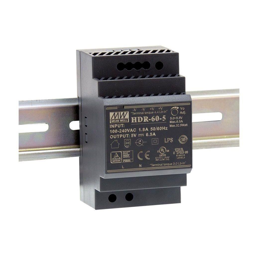 MEANWELL- HDR-060-05 5Vdc 6.5Amp DIN Rail StepShape