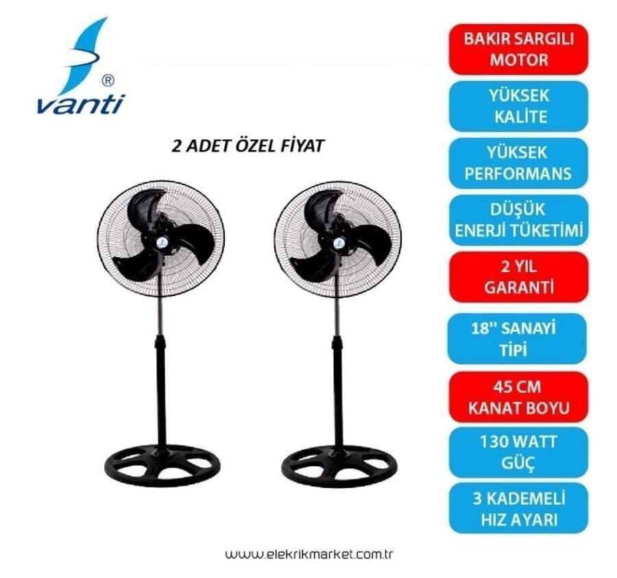 2 Adet Vanti 130 Watt Sanayi Ayaklı Vantilatör 46cm (18inç) KCF276-2