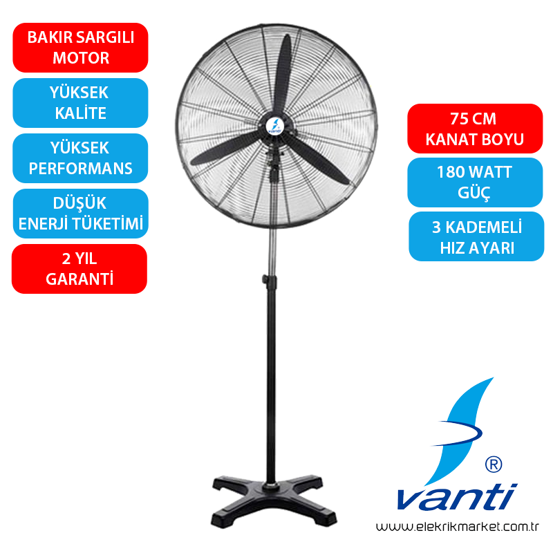 Vanti Sanayi Tipi Ayaklı Vantilatör 75cm- KCF292-AY