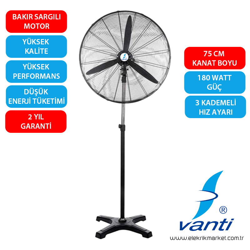 Vanti Sanayi Tipi Ayaklı Vantilatör 75cm (30inç)- KCF292-AY