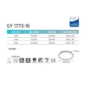 Goya Dimlenebilir 14W 3000K Sarı Işık Backlight Sıva Altı Led Panel Armatür GY 1773 16S Dim