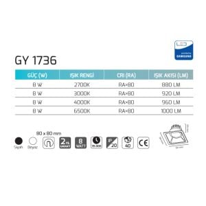 Goya 8W 2700K 8X8 cm Sarı Işık Sıva Altı Cob Led Armatür GY 1736