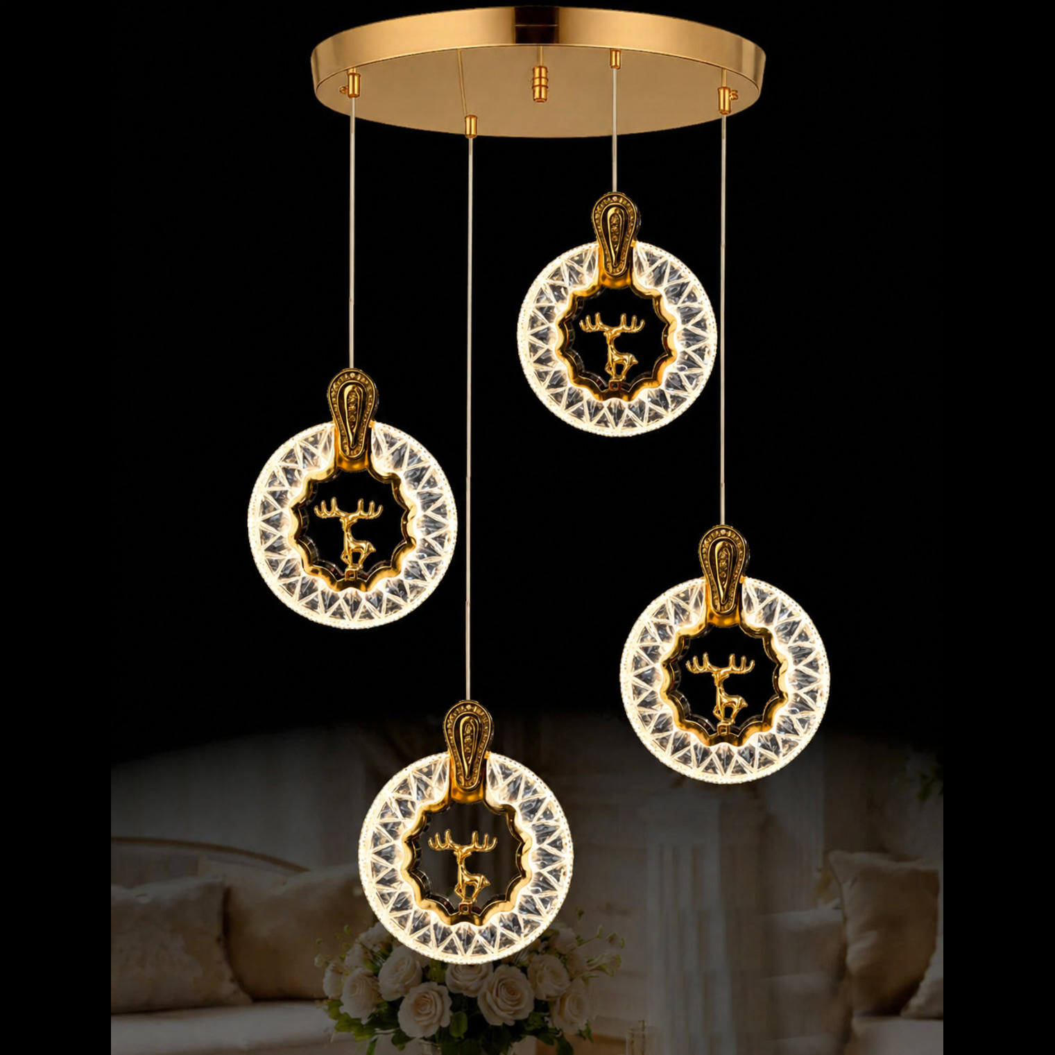 Nord Light NL-1024 4'lü Geyik Sarkıt 3 Renk LED'li Avize Gold