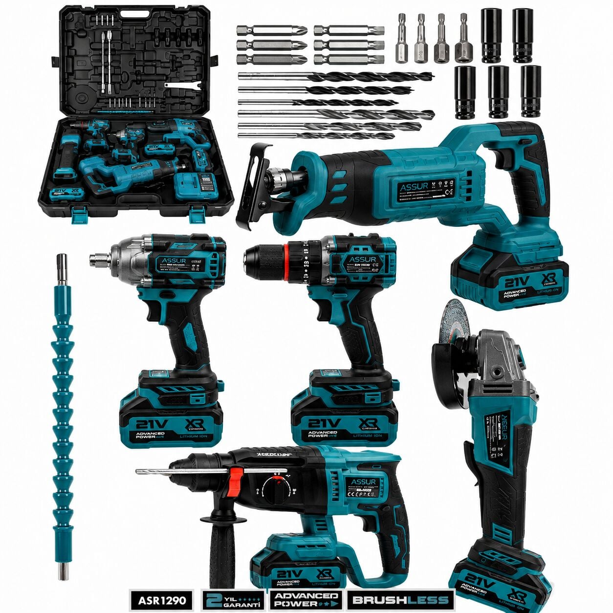 21V Darbeli Şarjlı 5li Set Kırıcı Delici Hilti - Taşlama - Somun Sıkma S. - Tilki Kuyruğu - Matkap