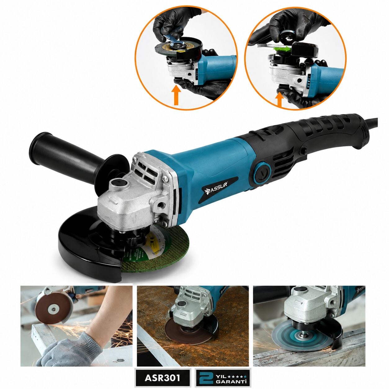 Assur 1200W Avuç Taşlama Makinesi 125mm 6 Kademeli Uzun Kuyruk