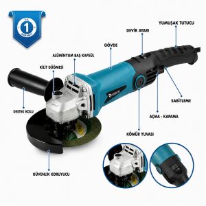 Assur 1200W Avuç Taşlama Makinesi 125mm 6 Kademeli Uzun Kuyruk