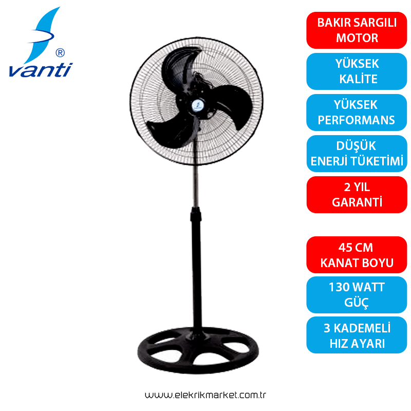 Vanti 130 Watt Sanayi Ayaklı Vantilatör Metal Pervane 46cm (19inç) KCF276