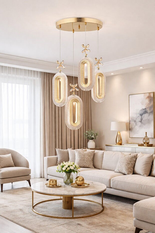 Nord Light 4'lü Halka Sarkıt 3 Renk Ledli Avize  Gold NL-1020
