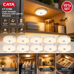 Cata Şarjlı 4000K Naturel Beyaz Sensörlü Kablosuz Led Cabinet Mıknatıslı CT-5180_5'li