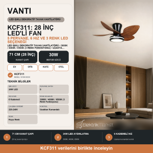 Vanti 28İnç(71cm) LED Işıklı Dekoratif Tavan Vantilatörü 30W Uzaktan Kumandalı 5 Pervane Koyu Renk KCF311