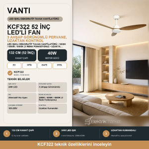Vanti 132cm  (52İnç) LED Işıklı Dekoratif Tavan Vantilatörü 40W Uzaktan Kumandalı 3 Ahşap Pervane KCF322
