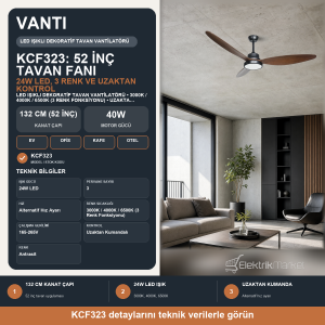 Vanti 132cm  (52İnç) LED Işıklı Dekoratif Tavan Vantilatörü 40W Uzaktan Kumandalı 3 Pervane Antrasit KCF323