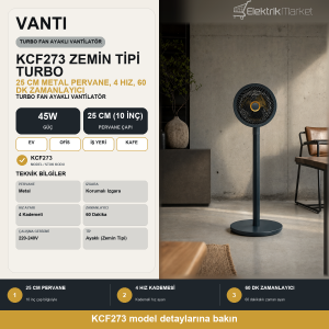 Vanti 10İnç(25cm) Turbo Fan Ayaklı Vantilatör 45W Metal Pervane 4 Hız Kademeli 60 Dakika Zaman Ayarlı KCF273