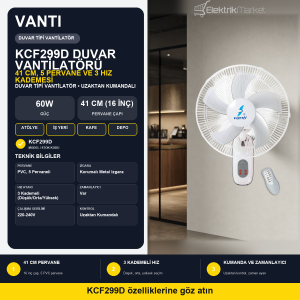 Vanti 16İnç(41cm) Kumandalı Duvar Tipi Vantilatör 60W PVC Pervane 3 Hız Zaman Ayarlı KCF299D