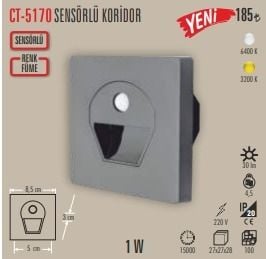 Cata 1W Sensörlü Led Koridor Armatürü CT-5170 3200K Gün Işığı - Füme