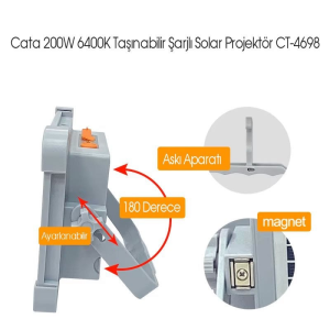 Cata 200W 6400K Taşınabilir Şarjlı Solar Projektör CT-4698