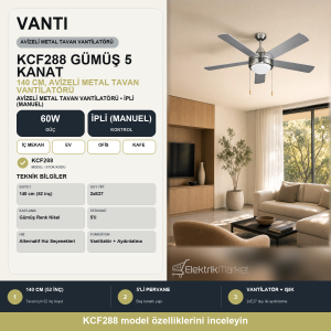 Vanti 60W 140cm (52inç) Avizeli Gümüş Metal 5 Kanatlı Tavan Vantilatörü KCF288