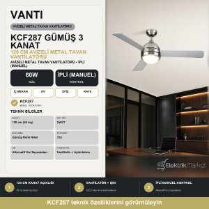 Vanti 60W 120cm (48inç) Avizeli Gümüş Metal Tavan 3 Kanatlı Vantilatör KCF287