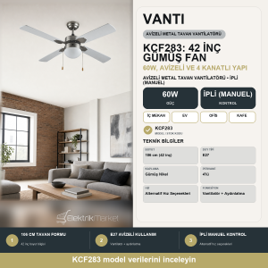 Vanti 60W 106cm (42inç) Gümüş Metal Tavan Avizeli 4 Kanatlı Vantilatör KCF283