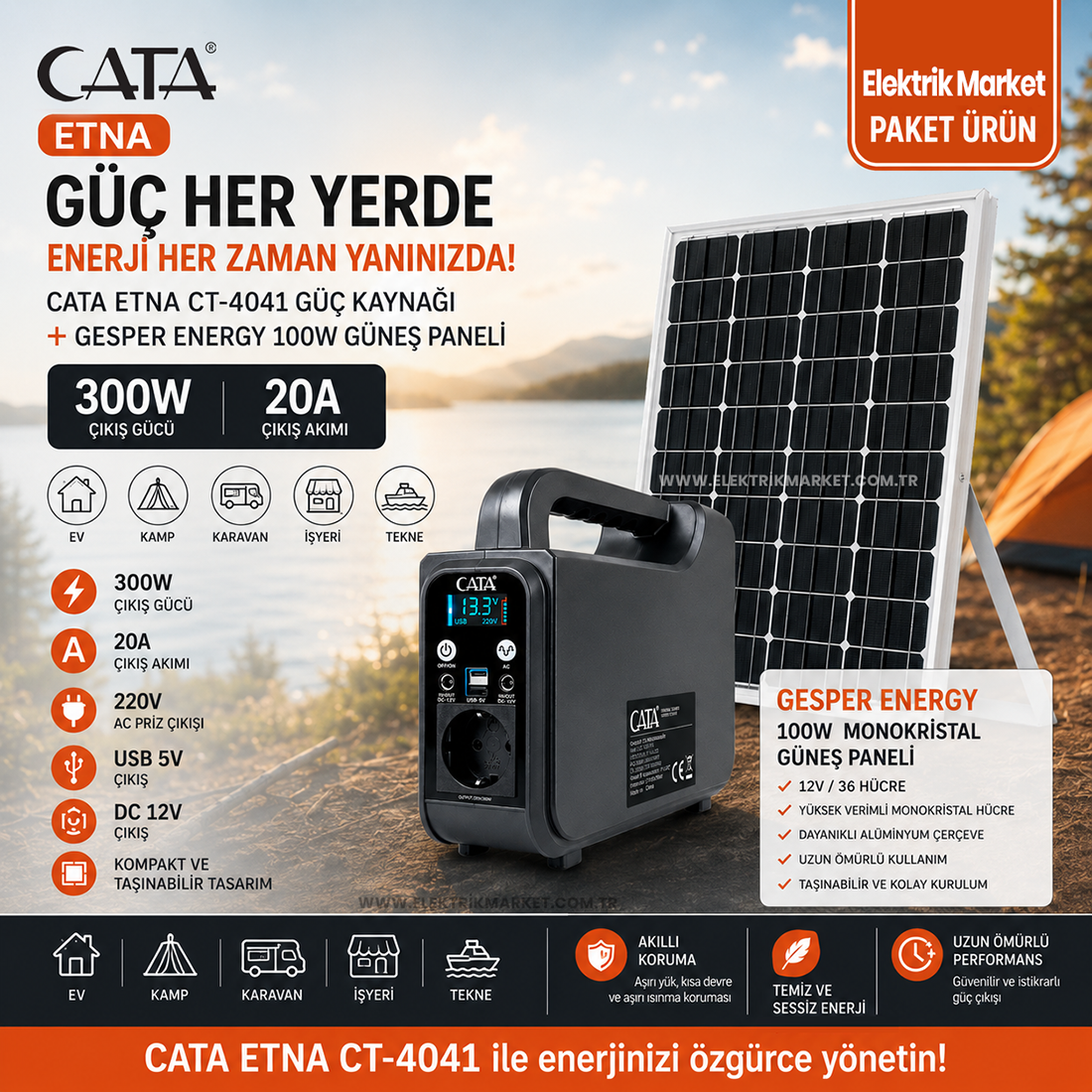Cata CT-4041 Etna 300W Güç Kaynağı + Gesper Energy 100W Monokristal Güneş Paneli Seti