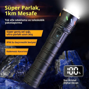Hasuba HS-200 USB Şarjlı Metal El Feneri – 1500 Lümen, 1000 Metre