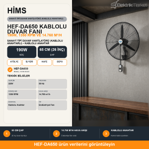 Hims 65cm (26inç) Sanayi Tipi Duvar Tipi Kablolu Anahtarlı Vantilatör 190w HEF-DA650