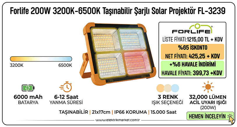 orlife 200W 3200K-6500K Taşınabilir Şarjlı Solar Projektör 